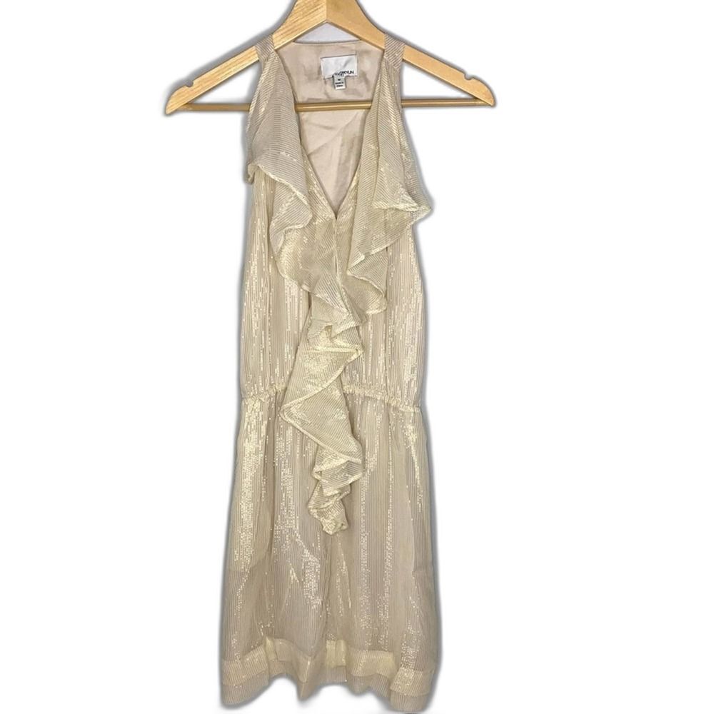 Greylin Gold Metallic Silk Ruffle Sleeveless Dress With Pockets Women's M !